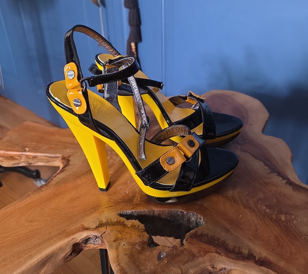 Black and Yellow High Heel Platform Sandals - Women's Strappy Heels